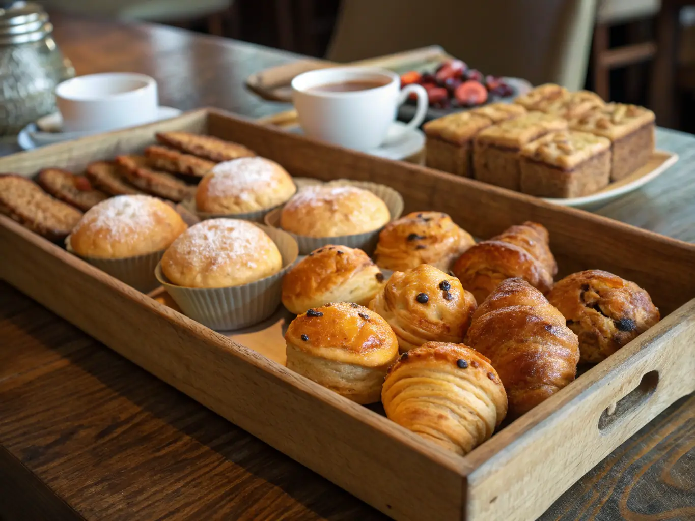 A vibrant display of assorted desserts and savory snacks arranged on a wooden platter, emphasizing variety and freshness at Feng Cha Milk Tea.