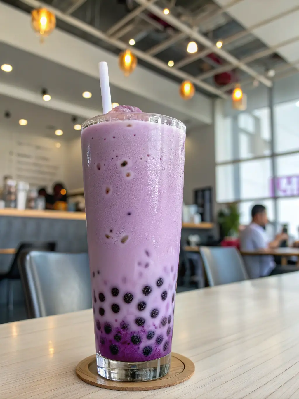 A visually appealing image of Taro Milk Tea with tapioca pearls, highlighting its vibrant purple color and creamy texture.