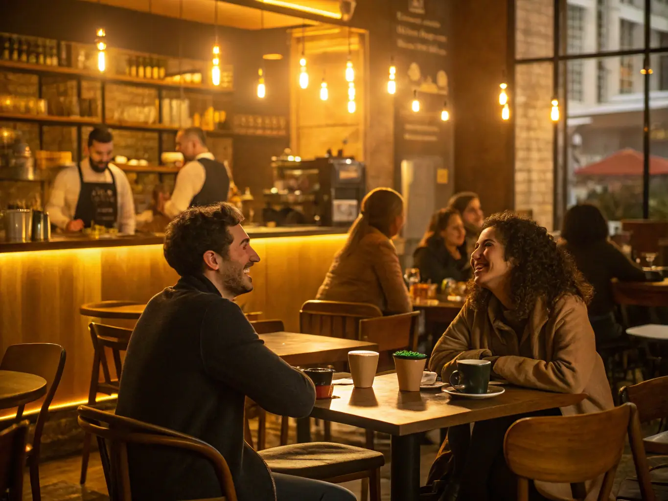 A warm and inviting interior of Feng Cha Milk Tea, featuring comfortable seating, soft lighting, and happy customers enjoying their drinks and snacks.