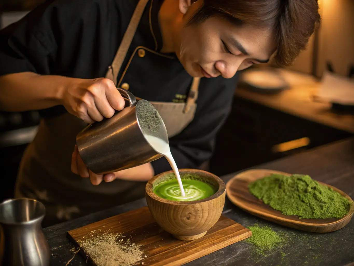 A close-up shot of a barista preparing a signature milk tea with fresh ingredients, showcasing the care and quality that goes into each drink at Feng Cha Milk Tea.